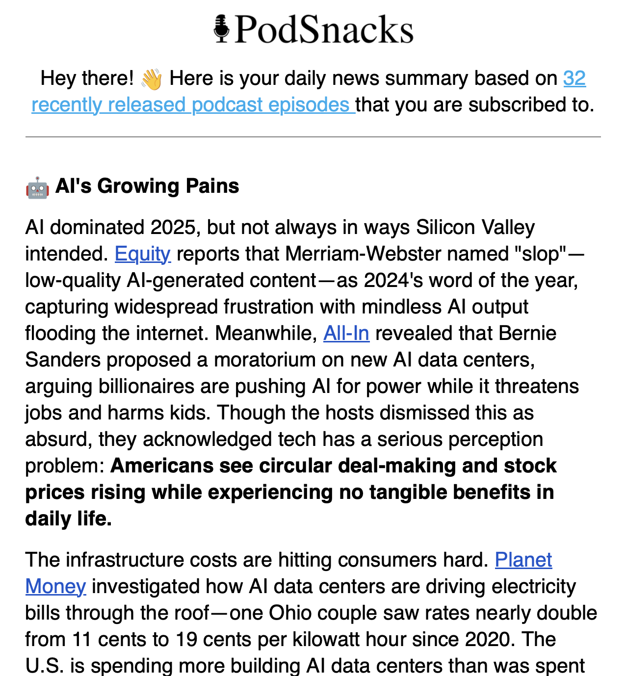Daily digest email preview showing podcast summaries
